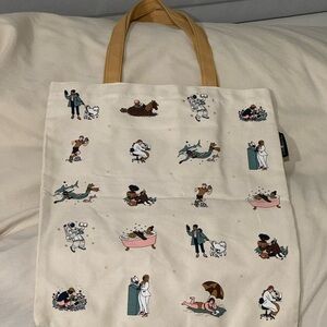 Cream Tote Bag with Illustrated Characters